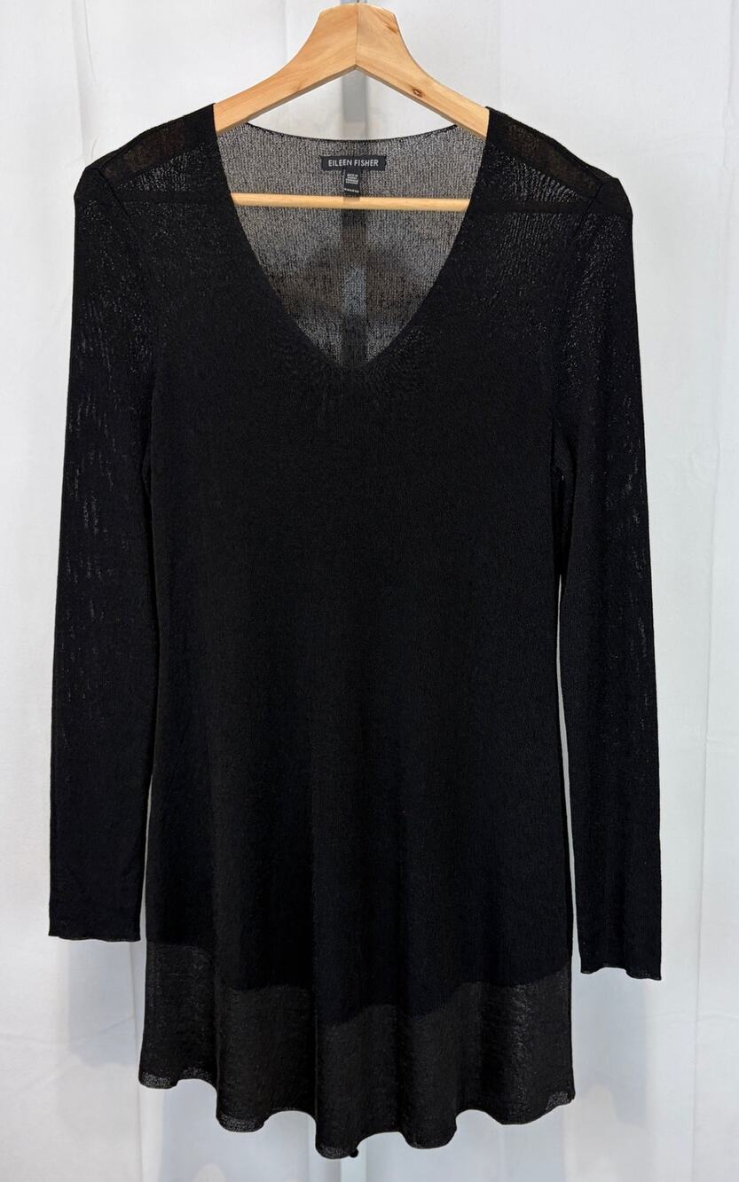 EILEEN FISHER Colorblock Sweater Tunic Top Rayon Nylon Shimmer Black 2XS XXS